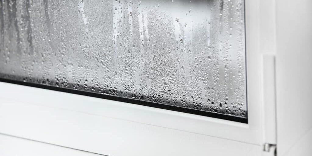 a plastic window with condensation of water on the glass Double glazed PVC window Concept: defective plastic window with condensation, temperature difference, cooling, humidity in the room